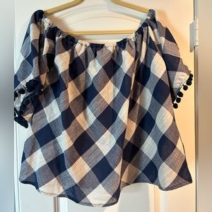 Off the shoulder navy and ivory checkered top.
